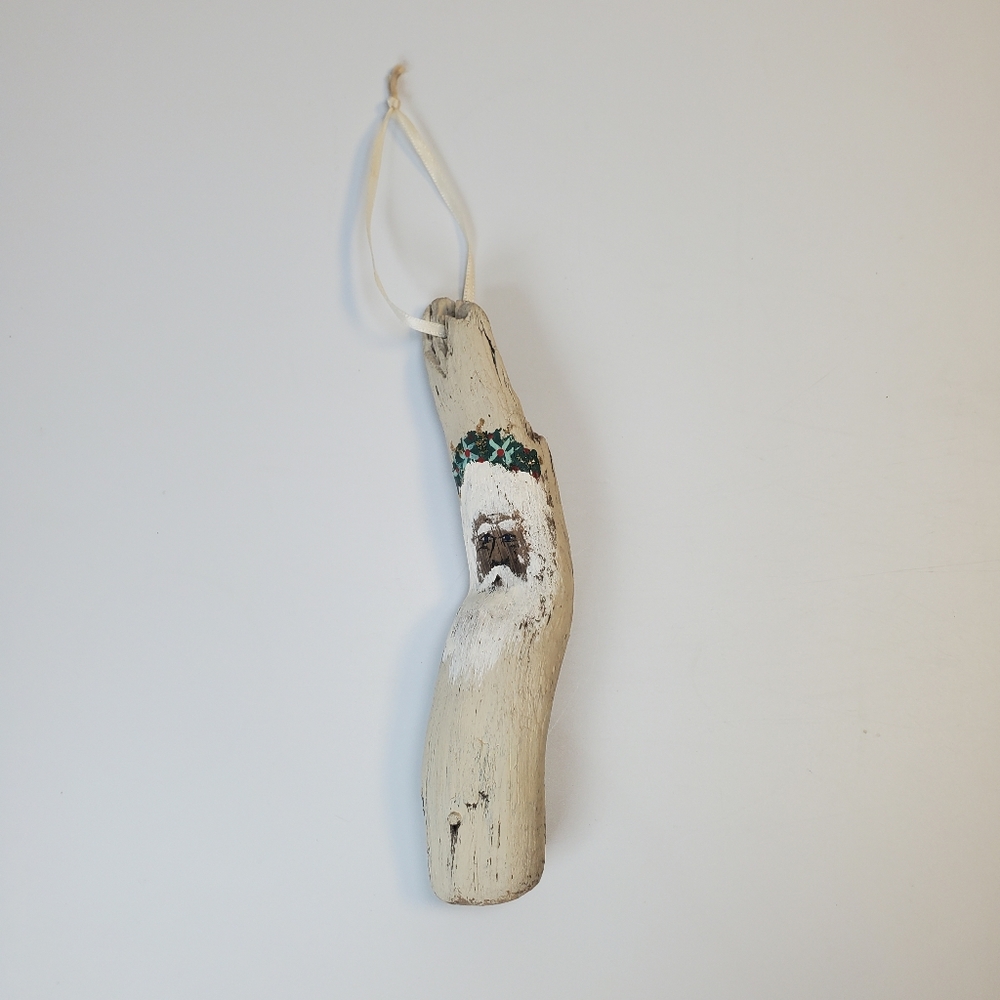 Vintage Folk Art Hand Painted Driftwood Santa Face Christmas Figure 6" Signed